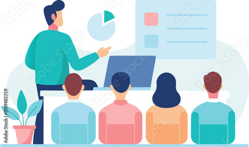 Presenter teaching employees with charts and laptop presentation business