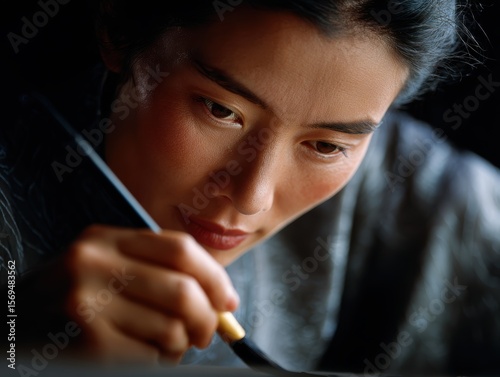 A woman practicing calligraphy, focused, artistic, creative hobby