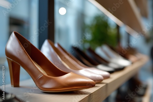 Elegant brown leather high heels on display in shoe store