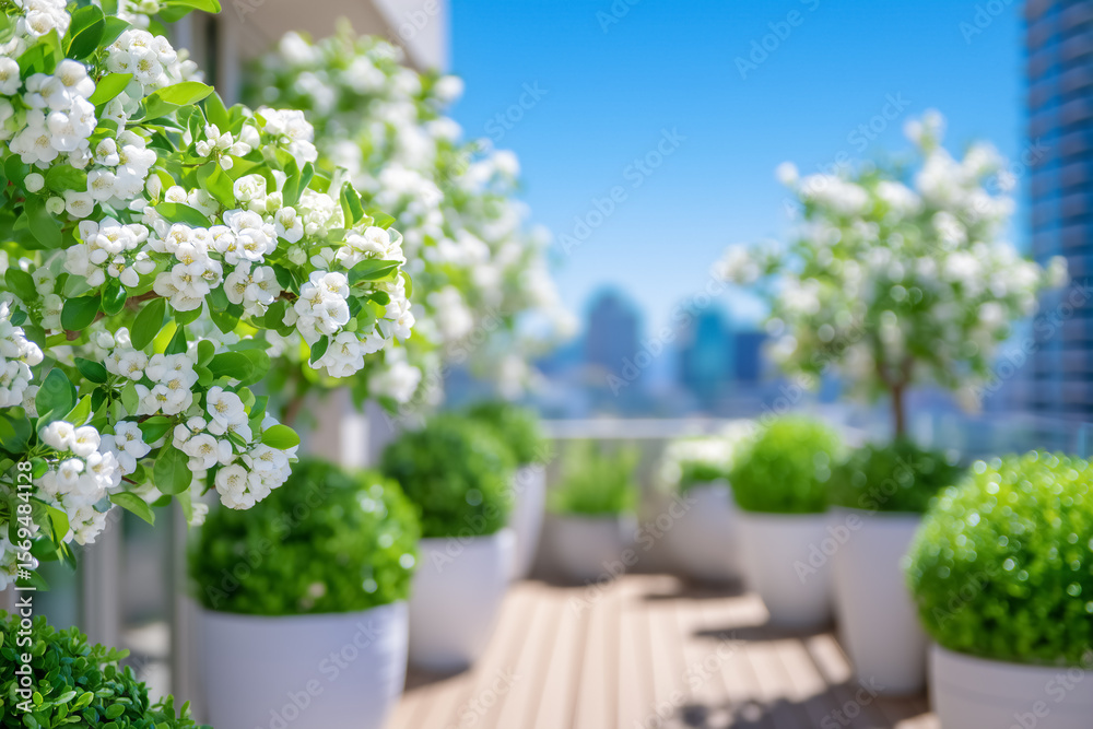 Obraz premium Flourishing white flowers and lush greenery enhance balcony space. Scenic view of city skyline creates peaceful urban oasis. Concept of landscaping, outdoor living, home decor