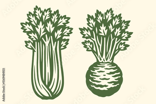 Celery root and stalk linocut silhouette green vector illustration

