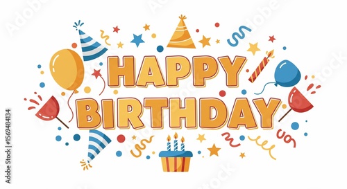 Festive Happy Birthday Celebration with Balloons, Confetti, and Party Hats Illustration