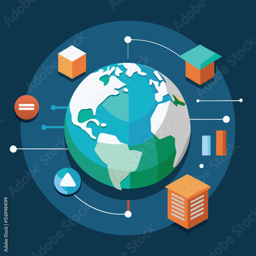 Flat design earth globe surrounded by abstract cube shapes and connection lines for data visualisation.