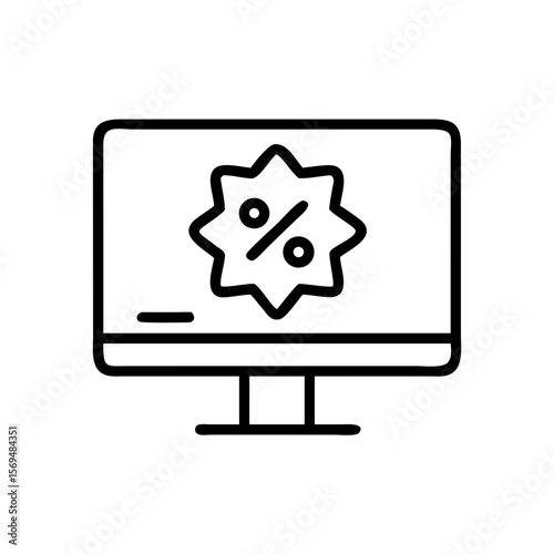Minimalist black outline vector icon of a desktop computer with a discount percent sign, symbolizing sales, online deals. Isolated on a transparent background