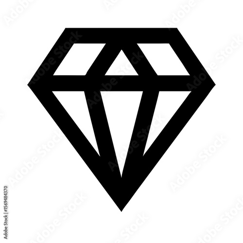 Minimalist black silhouette vector icon of a cut diamond with sharp facets, symbolizing luxury, value, and clarity. Isolated on a transparent background
