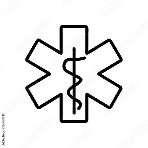 Minimalist black outline vector icon of the Star of Life, symbolizing emergency medicine, healthcare, and medical services. Isolated on a transparent background