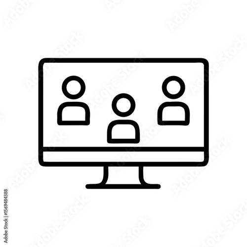 Minimalist black outline vector icon of a screen with multiple avatars, symbolizing digital classrooms, online learning, and virtual meetings. Isolated on a transparent background