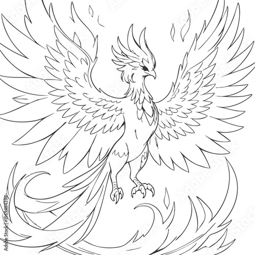 Majestic mythical phoenix bird with outstretched wings surrounded by stylized flames in a black and white line drawing
