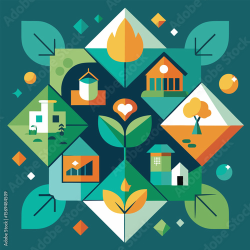Geometric illustration of eco friendly living with houses trees and plants on a teal green background