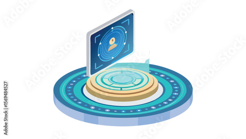 Isometric rendering of a blue computer elevated above a gold and teal circular platform