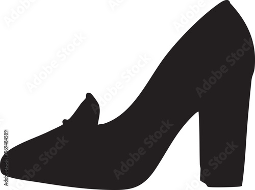 Black silhouette of a classic high heel loafer shoe with a thick block heel on a white background