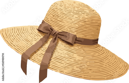 A stylish straw sun hat with a brown ribbon and bow is isolated on a white background