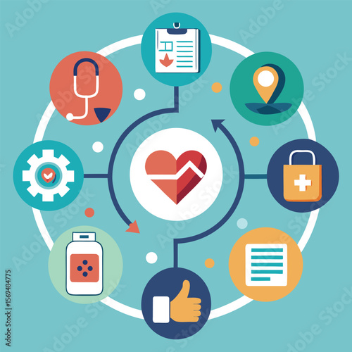 Healthcare and wellness conceptual illustration featuring medical icons in a circular arrangement