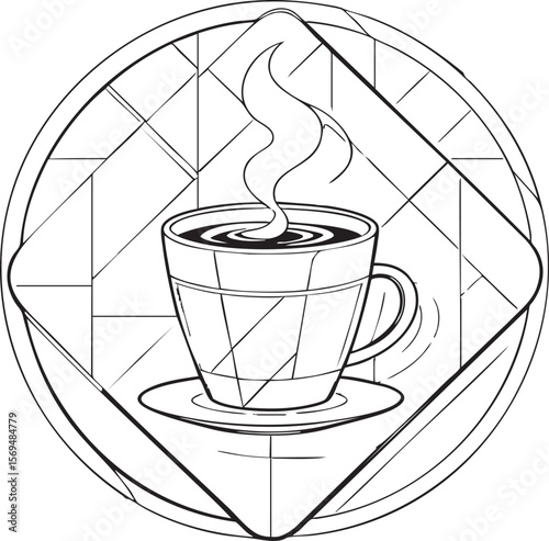 Stylized black and white line art illustration of a steaming cup of coffee or tea within a geometric frame