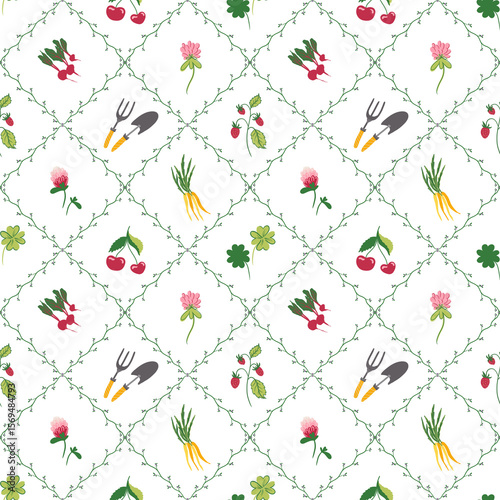 Seamless pattern with vegetables, fruits, flowers, and tools in diamond grid. Includes carrots, radishes, clover, berries. Ideal for eco packaging, spring textiles, and garden-themed design.