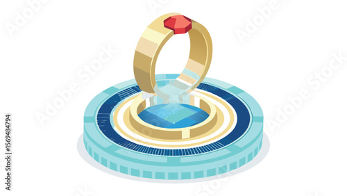 Isometric view of a gold ring with a red gem on a blue and gold platform on a white background