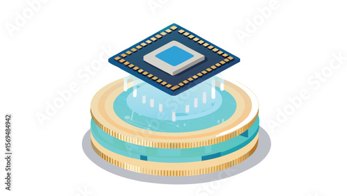 Isometric rendering of a blue computer chip elevated above a gold and teal circular platform