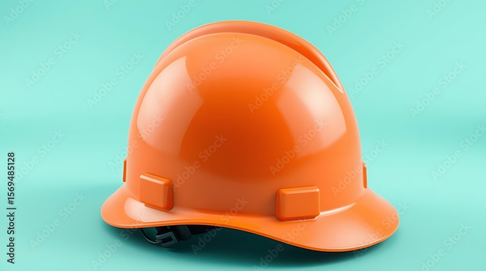 Fototapeta premium Vivid orange safety helmet on light turquoise backdrop studio shot