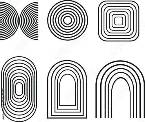 Mid century retro outline geometric circles and shapes 6 icons and elements featuring half outline circles, arches in black and white. For clip art, scrapbooking and wall art