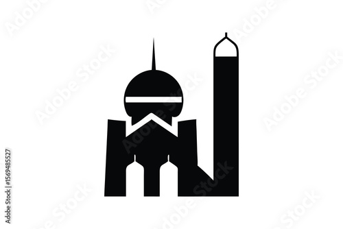 Simple Black and White Mosque Icon. A stylized, black and white icon of a mosque.