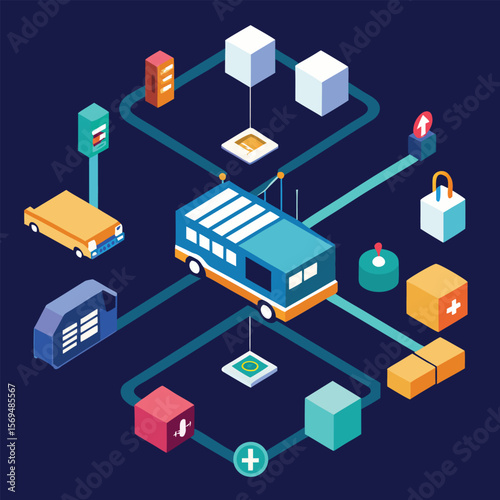 Isometric depiction of a connected healthcare system, depicting data flow and related elements on a dark blue background.