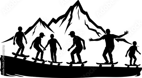 Skateboard, skateboarding  man  mountain, silhouette, 