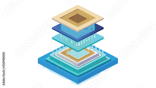 Isometric view of a layered electronic component with blue and tan elements in a clean design style