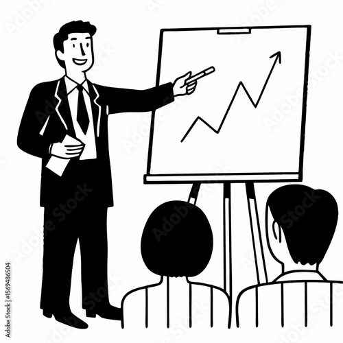 Male business coach speaker in suit give flipchart presentation