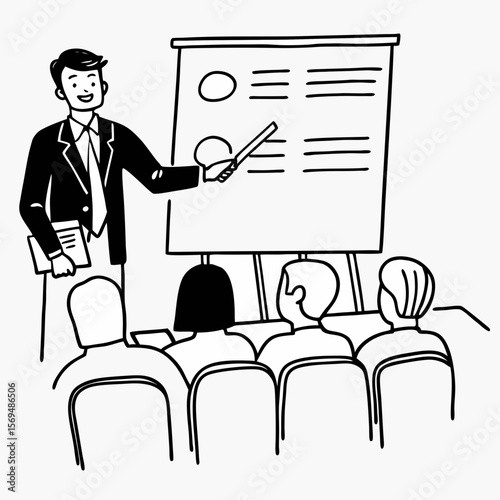 Male business coach speaker in suit give flipchart presentation