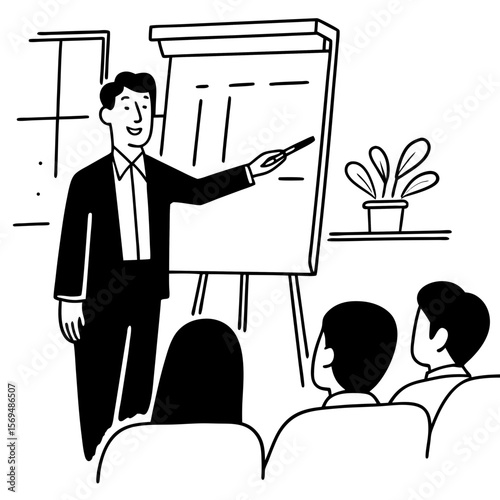 Male business coach speaker in suit give flipchart presentation