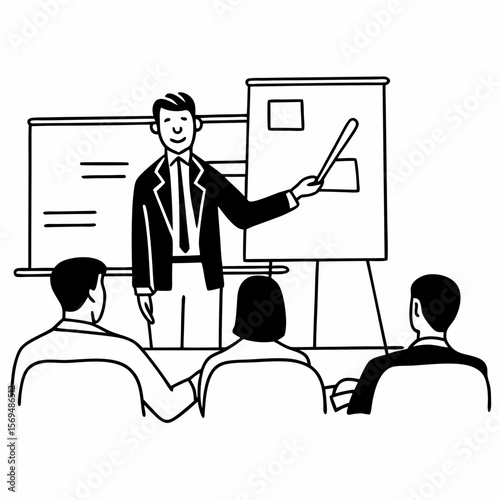 Male business coach speaker in suit give flipchart presentation