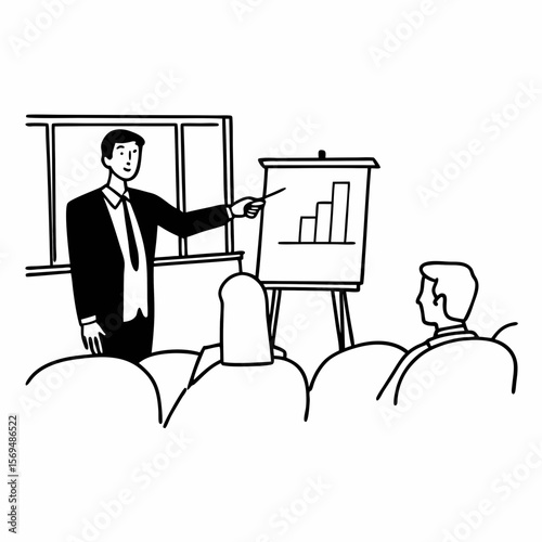 Male business coach speaker in suit give flipchart presentation