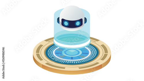 Isometric robot head inside a blue cylinder on a circular platform with gold accents design is shown
