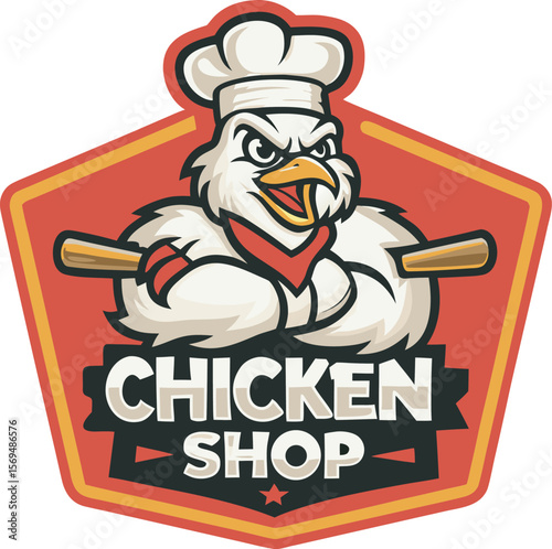 Fierce cartoon chicken chef wearing a hat and bandana brandishing two rolling pins ideal for a restaurant logo isolated on a transparent background isolated on transparent background