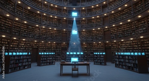 Futuristic Digital Library with Centralized Data Flow. Advanced Knowledge Management and AI-Powered Information Retrieval in a Vast Archival Space.