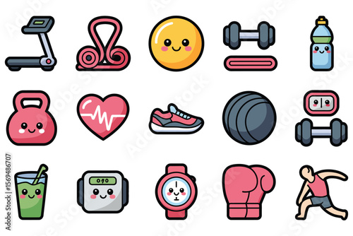 Cute Fitness Icons Gym Equipment, Workout, and Healthy Lifestyle Illustrations