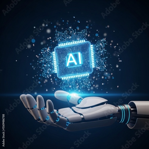 A robotic hand displays a glowing AI chip against a dark background.