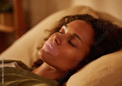Woman Sleeping with Mouth Tape — Nasal Breathing Sleep Aid for Snoring Reduction, Oxygen Optimization, and Restorative Nighttime Recovery