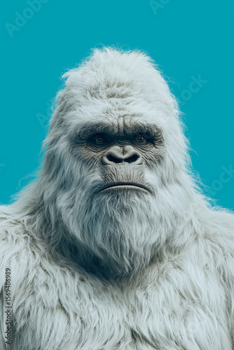 yeti abominable snowman head and shoulders portrait on plain blue lit studio background