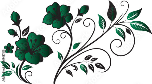 Elegant dark green floral botanical illustration with swirling accents and buds isolated on a transparent background for design isolated on transparent background
