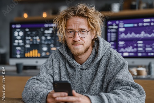 A young man with a beard and glasses sitting at a table, focused on using a budgeting app on his cell phone.
