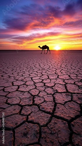 Camel walking on cracked desert land at sunset with colorful sky  