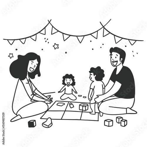 Overjoyed biracial family with kids have fun at home