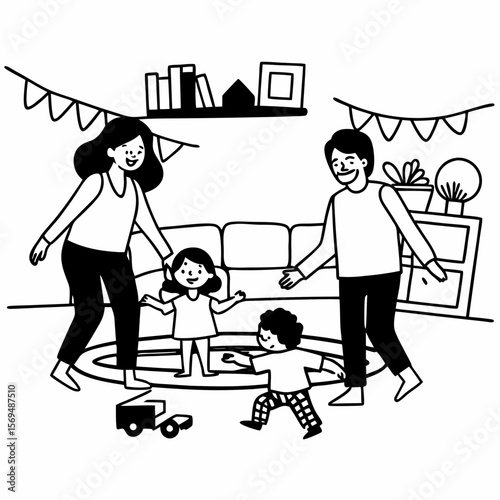 Overjoyed biracial family with kids have fun at home