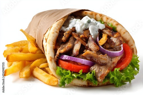 A traditional Greek gyros with chicken fresh tomatoes, red onions, crisp lettuce and tzatziki isolated on a white background