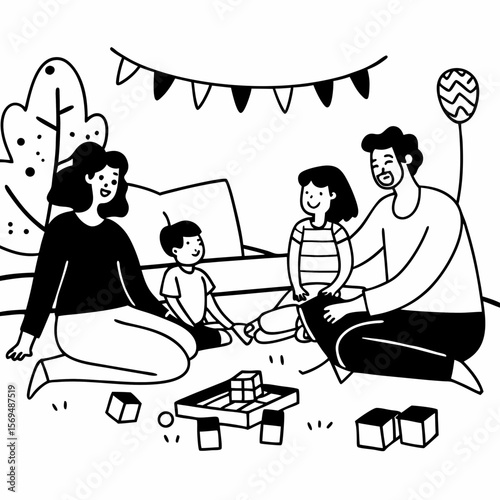 Overjoyed biracial family with kids have fun at home