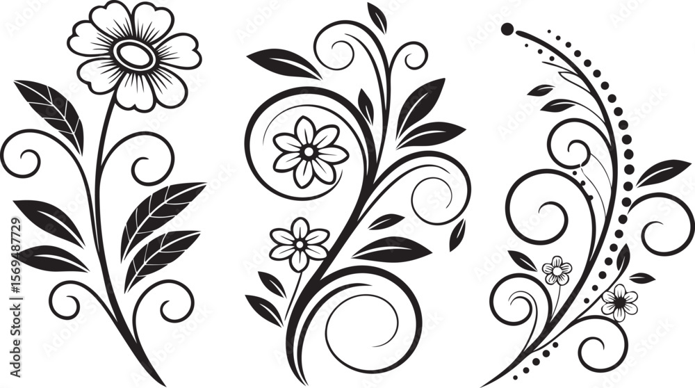Three elegant black floral designs with swirling vines leaves and blossoms perfect for adding natural beauty and sophistication to any creative project isolated on transparent background Three elegant black floral designs with swirling vines leaves and blossoms perfect for adding natural beauty and sophistication to any creative project isolated on transparent background