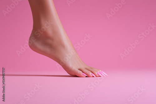 woman's foot with long sharp pointy toenails on plain pink studio background