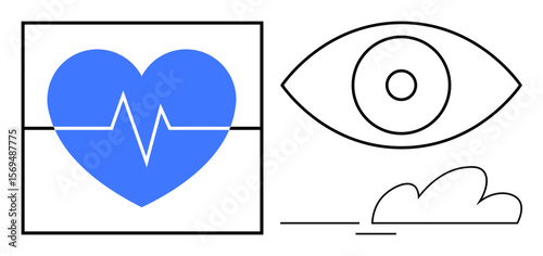 Blue heart with heartbeat line, minimal eye design, and cloud outline evoke themes of health, vision, and serenity. Ideal for healthcare, spirituality, technology, mindfulness awareness care