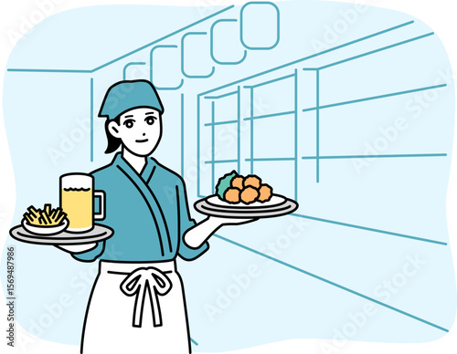 座敷に案内している女性の居酒屋店員